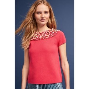 Anthropologie pink knit top w pearl embellishment
